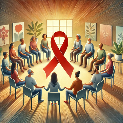 DALL·E 2025-01-11 15.10.42 - A symbolic illustration for a stroke support group, depicting a diverse group of people sitting in a circle in a warm, welcoming room with soft lighti
