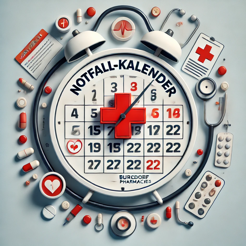 DALL·E 2025-01-22 11.32.45 - A symbolic image for a 'Notfall-Kalender' provided by Burgdorf pharmacies. The image features a modern calendar with red highlighted emergency dates,